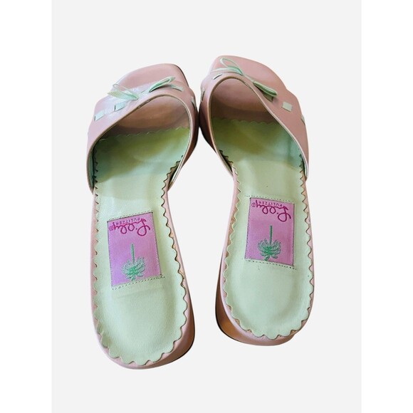 Lilly Pulitzer Slide Sandals Size 8.5 Pink With Green Bows Low Heels - Picture 4 of 9